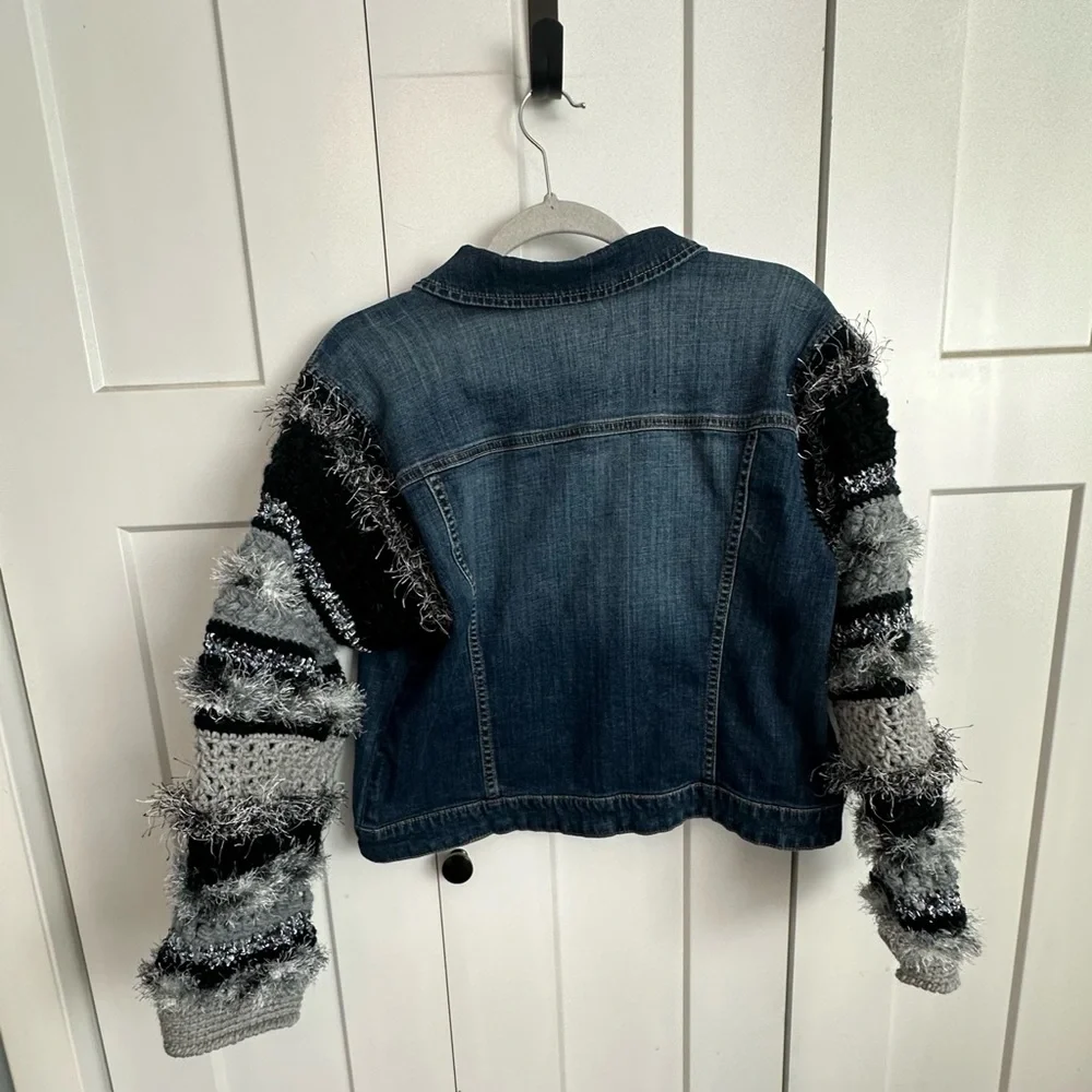 Upcycled Women's Denim Jacket with  Crocheted Textured Sleeves - m/l - Picture 4 of 9